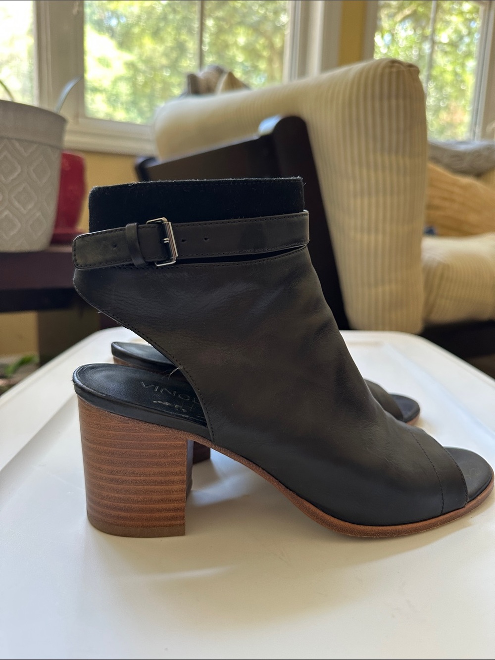 Vince Black Leather Open-Toe Block Heel Ankle Sandal